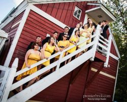 Wedding party posing on the steps of a barn